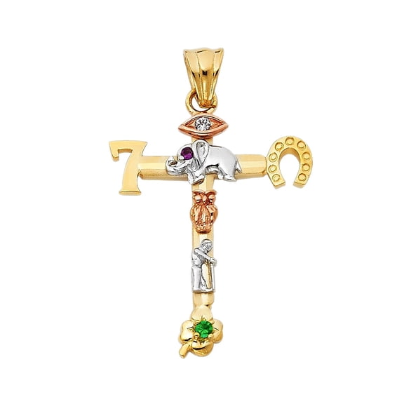 14K Tri Color Gold Lucky Religious Cross Charm Pendant for Necklace Chain | Jewelry Gift for Men Women | 29 x 24 MM | 3.2 grams
