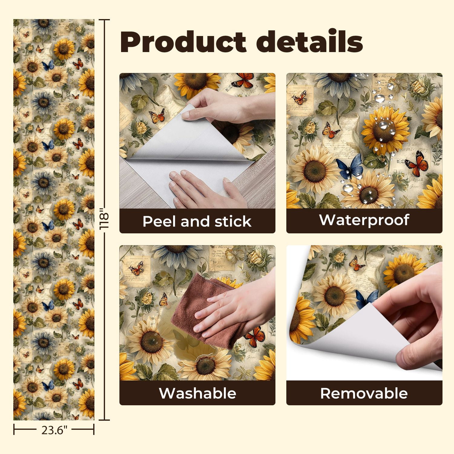 Peel and Stick Wallpaper Vintage Sunflowers Butterflies Botanical Notes Wall Mural 23.6in x 9.8ft Self Adhesive Removable Wall Paper Renter Friendly Wallpaper for Nursery Bedroom Cabinets