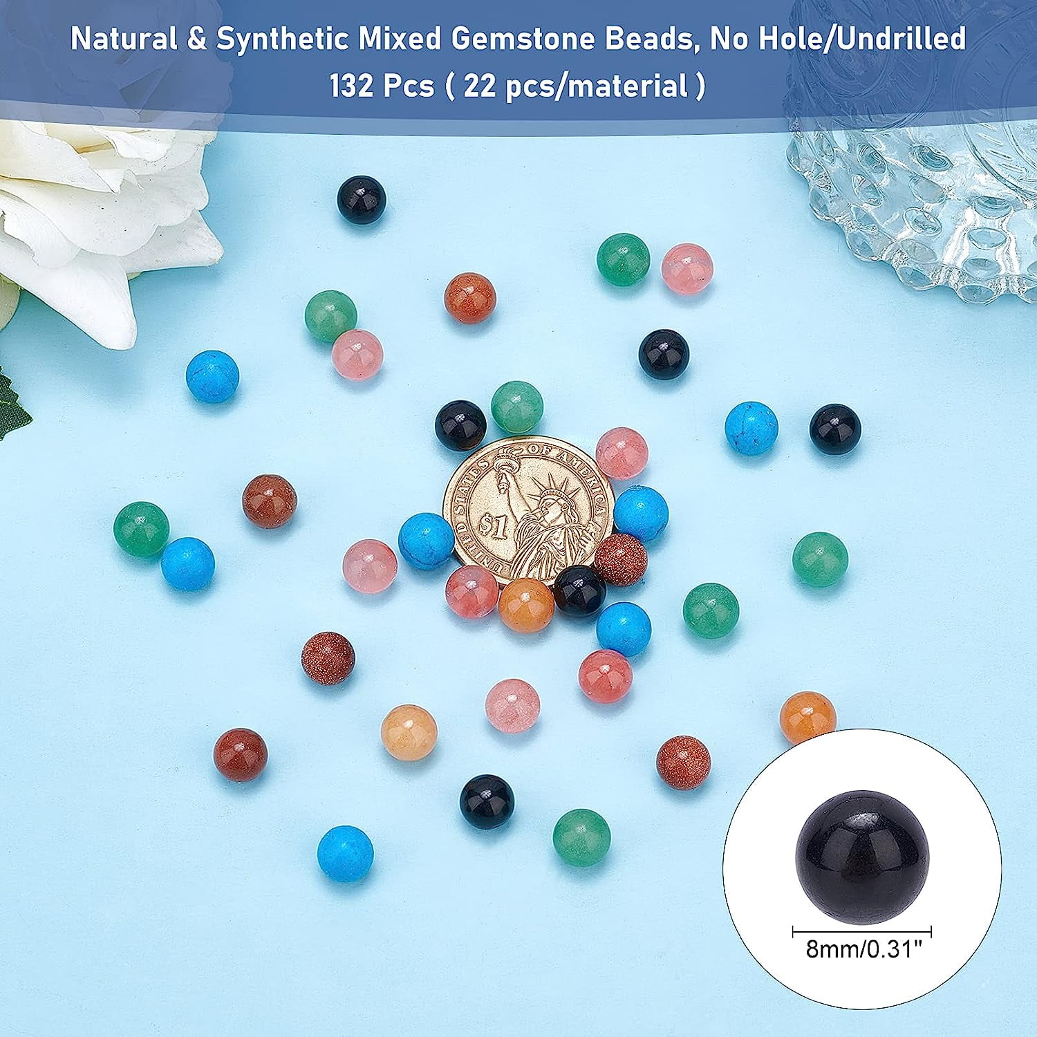 130 Pcs 6 Colors Undrilled Gemstone Beads 8mm Natural & Stone Beads Polished Rock Beads for Jewelry Making