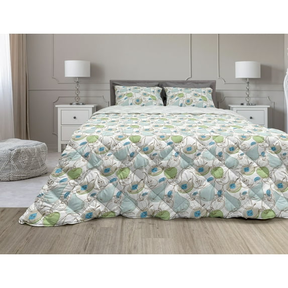 Fruits Comforter & Sham Bedding Set, Hand-drawn Sketched Whole Pears and Sliced Apples with Blue Leaves Illustration, 3 pcs Duvet Set Microfiber Filling Quilt, 5 Sizes, Multicolor, by Ambesonne
