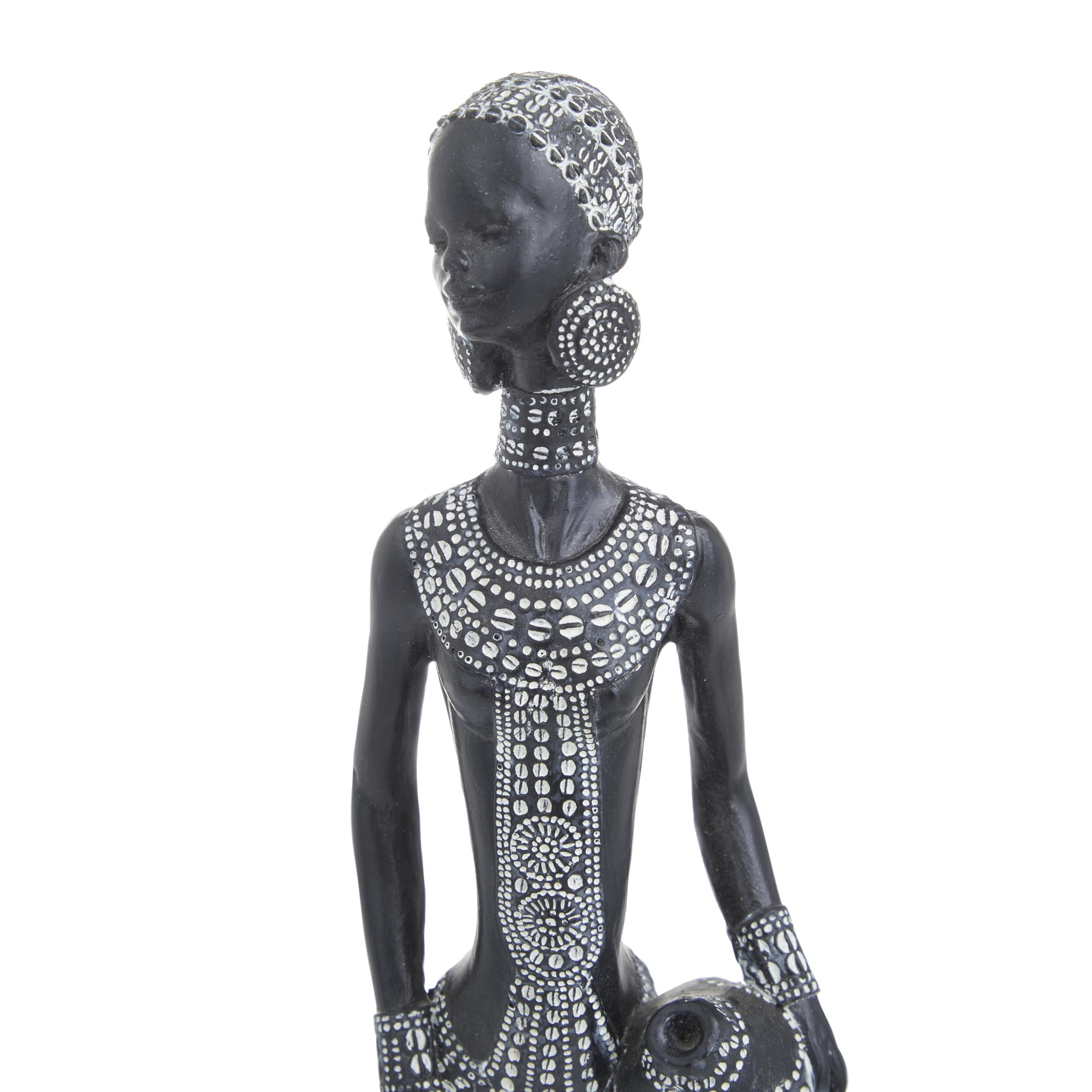 3"W, 14"H Black Polystone Standing African Woman Sculpture with Intricate Details, by DecMode (2 Count)