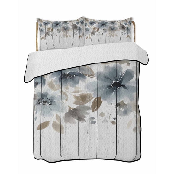 Quilt King Size Bedding Set, Blue Brown Spring Floral Reversible Summer Quilt 3 Pieces, Watercolor Botanical Vintage Lightweight Bedspreads Coverlets with 2 Pillow Shams for All Seasons