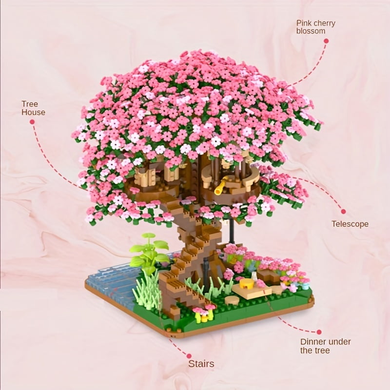 Pink Sakura Tree House Building Block Cherry Blossom Model Building Blocks DIY Toys For Children Toys For Gift 2028PCS Not Compatible With Lego Set