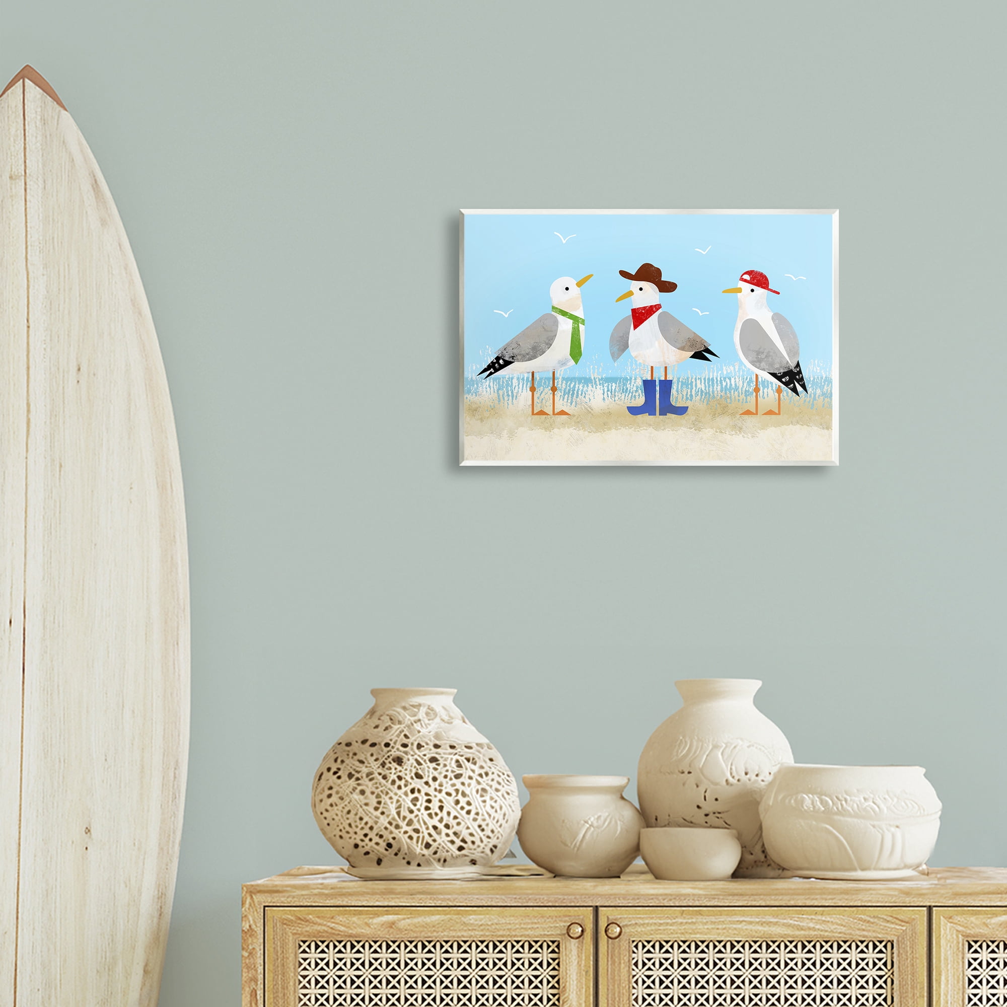 Stupell Industries Dressed Seagulls on Beach Animals Painting Unframed Art Print Wall Art, 19 x 13