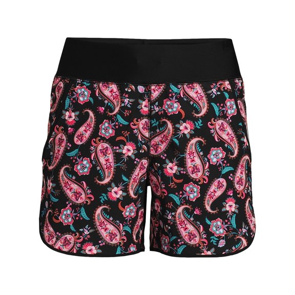 Lands' End Women's Petite 5" Quick Dry Elastic Waist Board Shorts Swim Cover-up Shorts with Panty Print