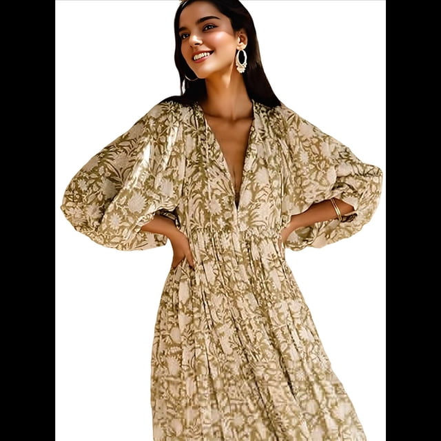 Vestido Midi Holgado Informal de Verano para Mujer, con Escote en V, Cordones, Media , Estampado Geométrico Bohemio Verde Oliva M