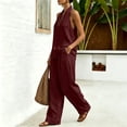thumbnail image 6 of Womens Linen 2 Piece Sets Fashion Sleeveless V Neck Halter Top Matching Baggy Wide Leg Pants Set Summer Casual Outfits,Wine S, 6 of 8