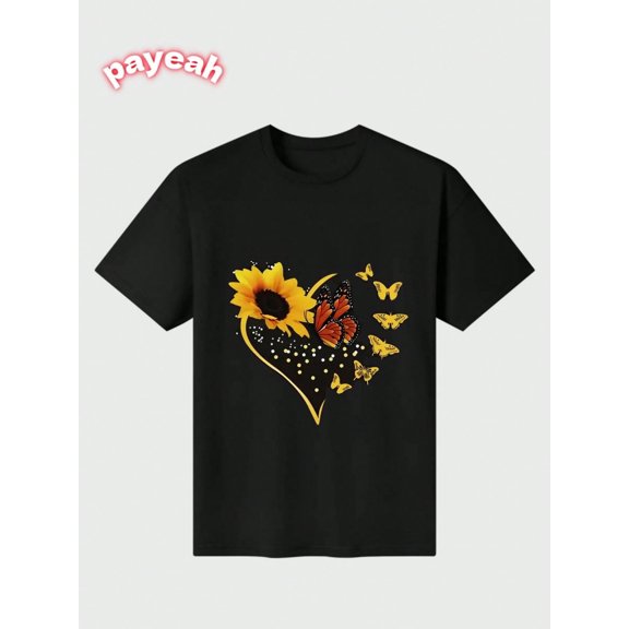 Payeah Sunflower and Butterfly Casual Digital Print 220g Pure Heavy T Shirt 100% cotton