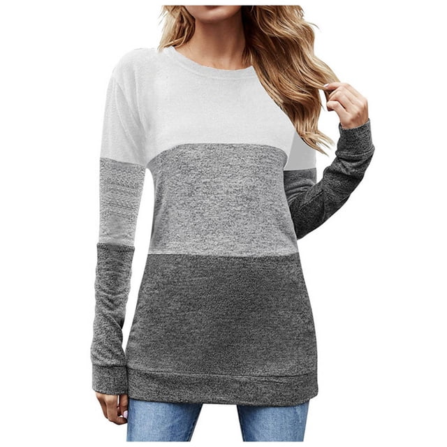 Womens Color Block Patchwork Tunic Tops Crewneck Long Sleeve Dressy Casual T Shirts Loose Comfy Basic Fall Blouses Tops