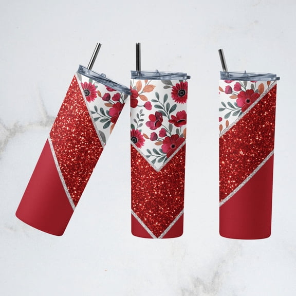 Beautiful Red Flowers and Glitter look 20 ounce insulated tumbler coffee cup hot cold beverage