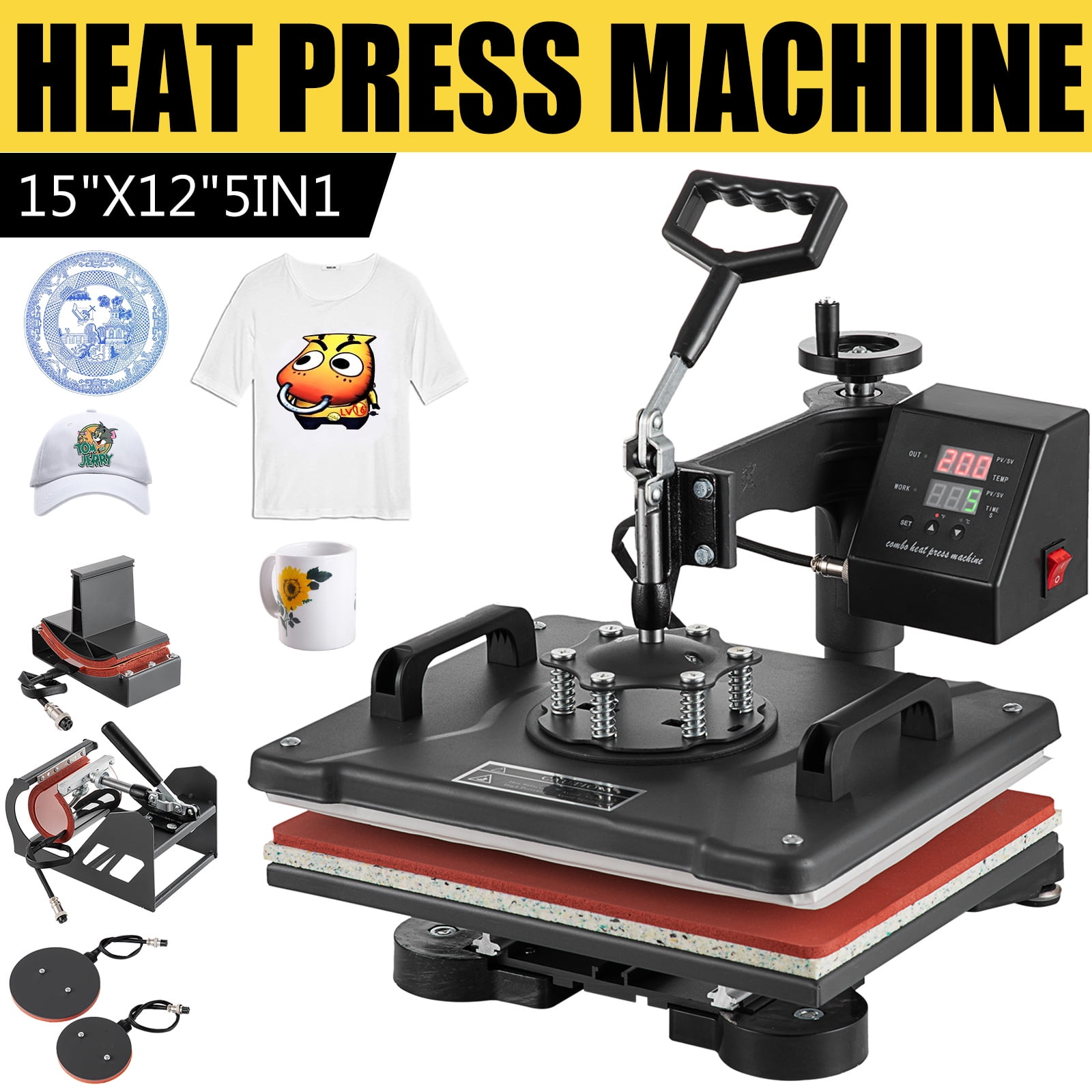 SHZOND 5 in 1 Heat Press Machine 12x15 inch Multifunctional Transfer Sublimation Heat Press for T-shirts Hat Mug Plate