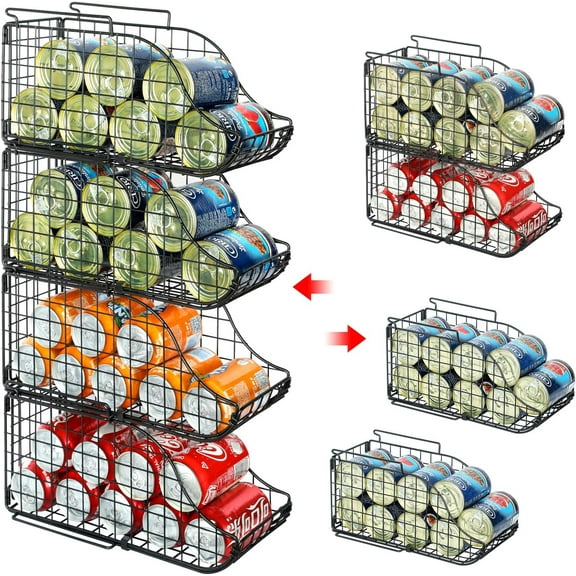 4 Pack Stackable Can Dispenser for Pantry, X-cosrack Kitchen Canned Food Organizer with Handles, Beverage Drink Pop Soda Can Dispenser Holds up to 36 Cans