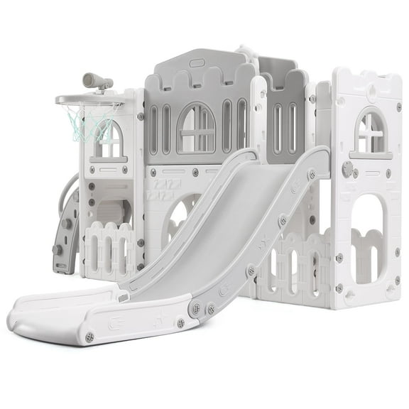 Luku 8-in-1 Toddler Indoor Playground with Slide: Baby Slide Playset for Toddlers Ages 1-3 Outdoor Play, Kids Slide Includes Basketball Hoop, Climber, Crawling Tunnel, Telescope, Toy Storage