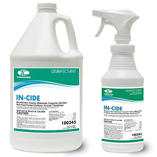 aerosol desinfectante theochem in-cide de 1 y 4 litros listo para usar (paquete de 2) Paquete con garrafa de 4 litros y botella de 1 litro con gatillo, ambas blancas con etiqueta verde y azul que muestra 'IN-CIDE' y logotipo Theochem, vista frontal con texto de instrucciones y advertencias; indicado para limpiar, desinfectar y desodorizar superficies duras no porosas en baños y áreas comunes, y a menudo usado para mantenimiento de superficies en instalaciones.