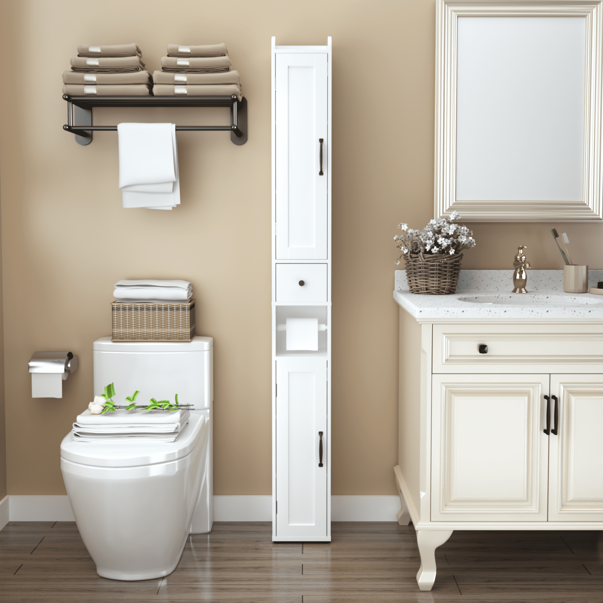 Aukfa 67.5" Wood Storage Cabinet, Slim Freestanding Cabinetfor Small Spaces, Bathroom,Kitchen, White