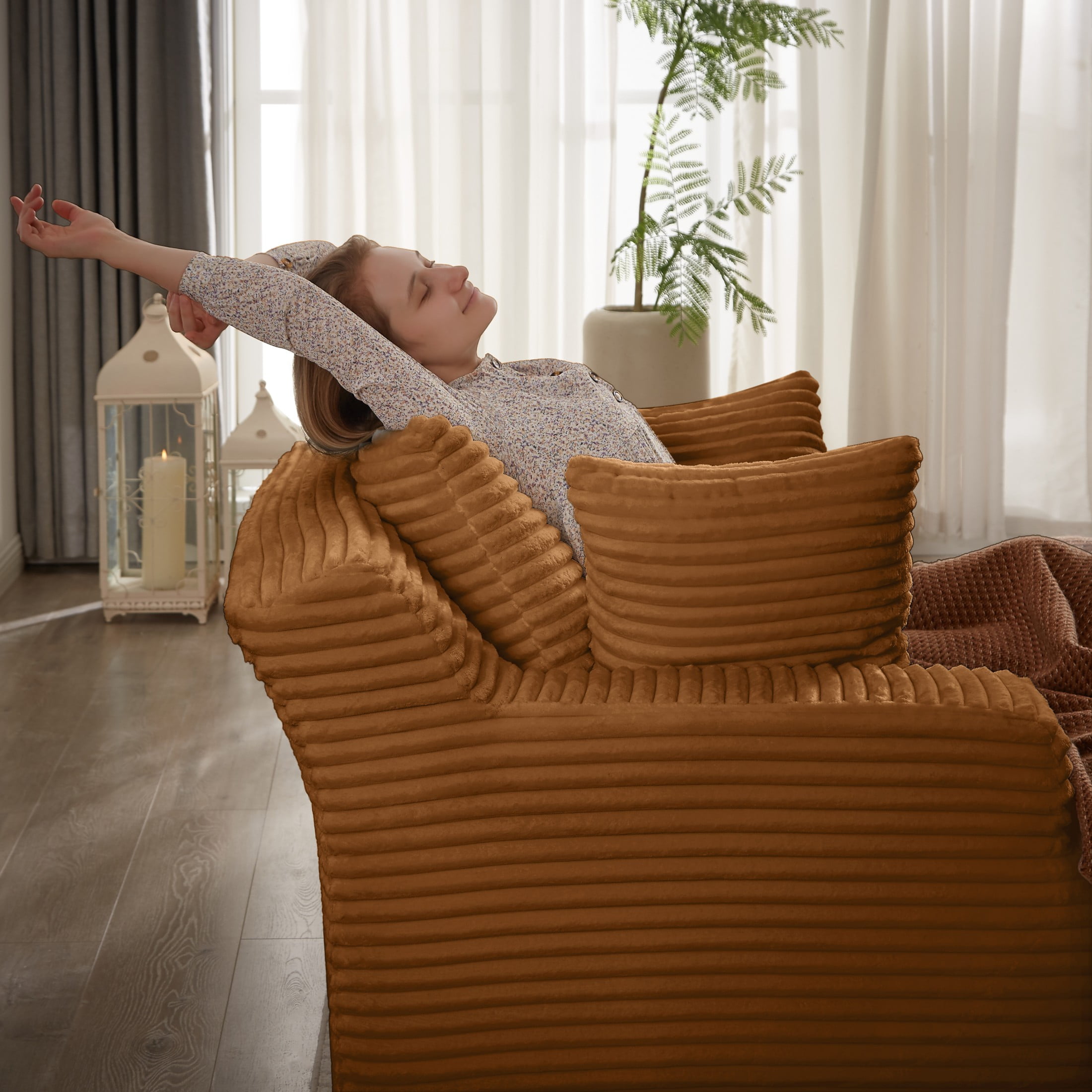 Aukfa Oversized Chaise Lounge Sofa Bed, Corduroy Upholstered Sleeper Chair, Boneless Deep-Seat Couch, Orange