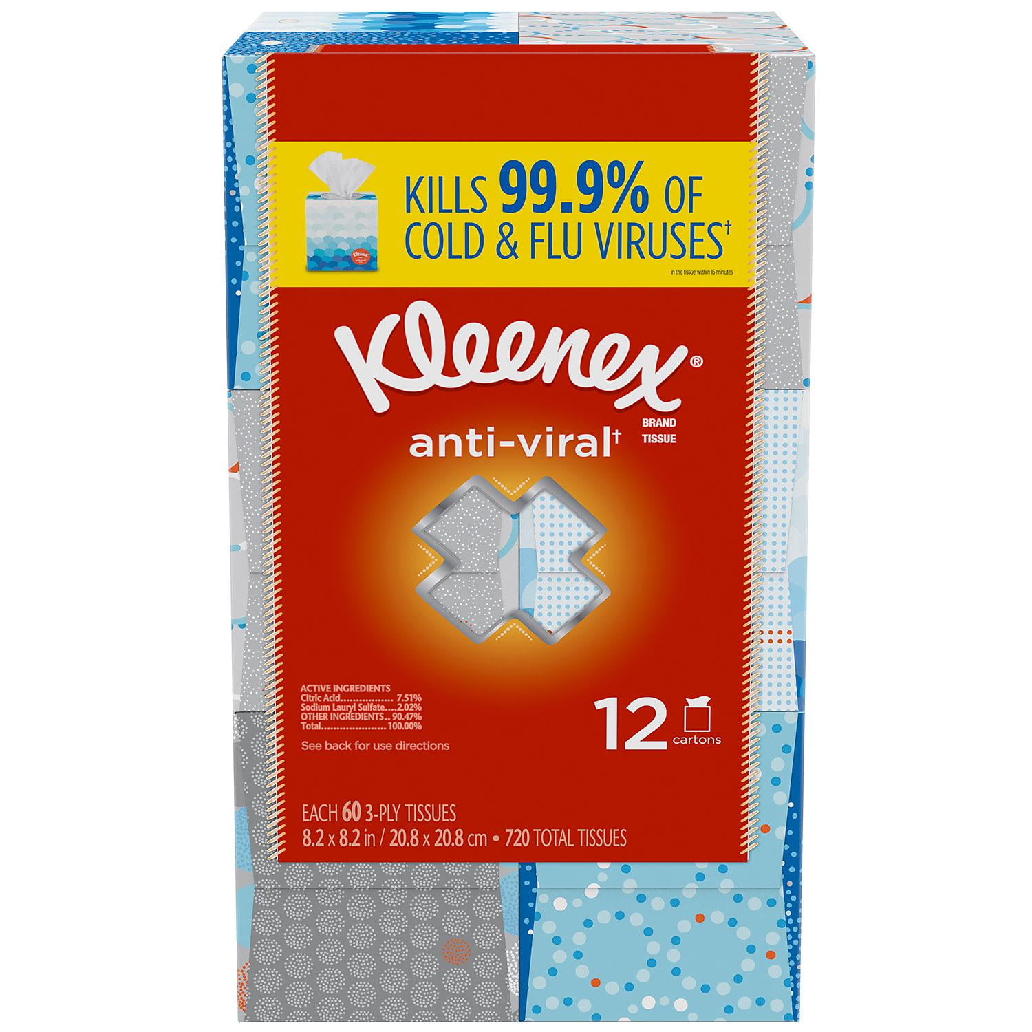 Details about   Kleenex Anti-Viral Facial Tissues 240 Tissues 60 Tissues per Box 4 Cube Boxes 