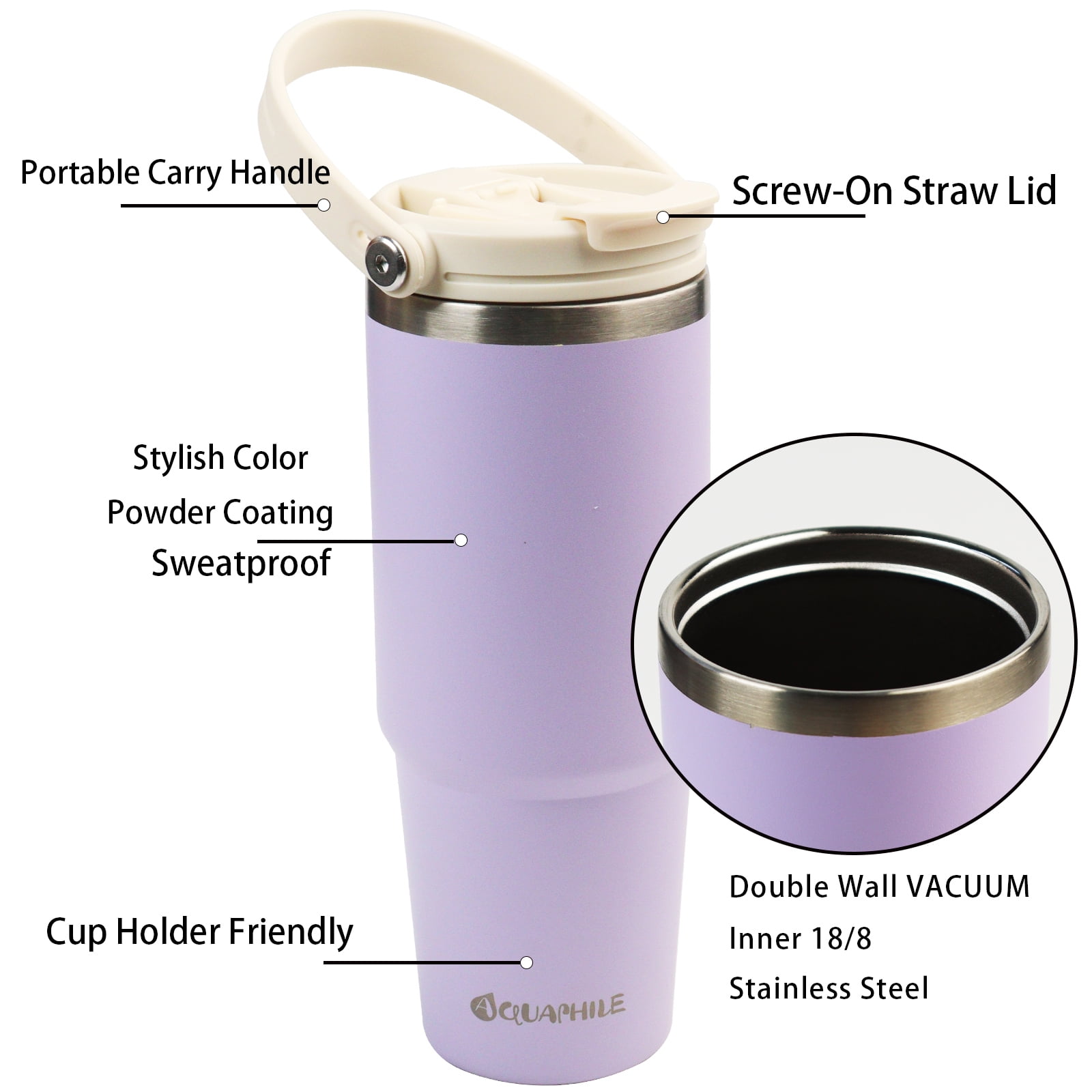 AQUAPHILE 30 oz Insulated Stainless Steel Water Bottle, Lavender with Straw  Lid - Walmart.com