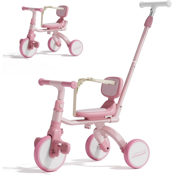 PEXMOR 5 in 1 Tricycle for Toddlers 1-3 Years Old, Toddler Tricycle with Adjustable Safety Harness, Push Handle, Birthday Gift and Toy