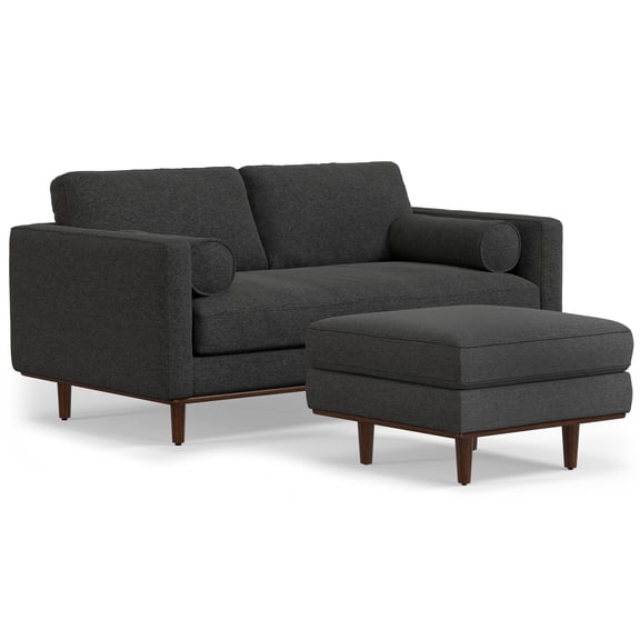 Simpli Home Morrison Mid-Century Modern 72 inch Wide Sofa with Ottoman Set in Charcoal Grey Tightly Woven Performance Fabric