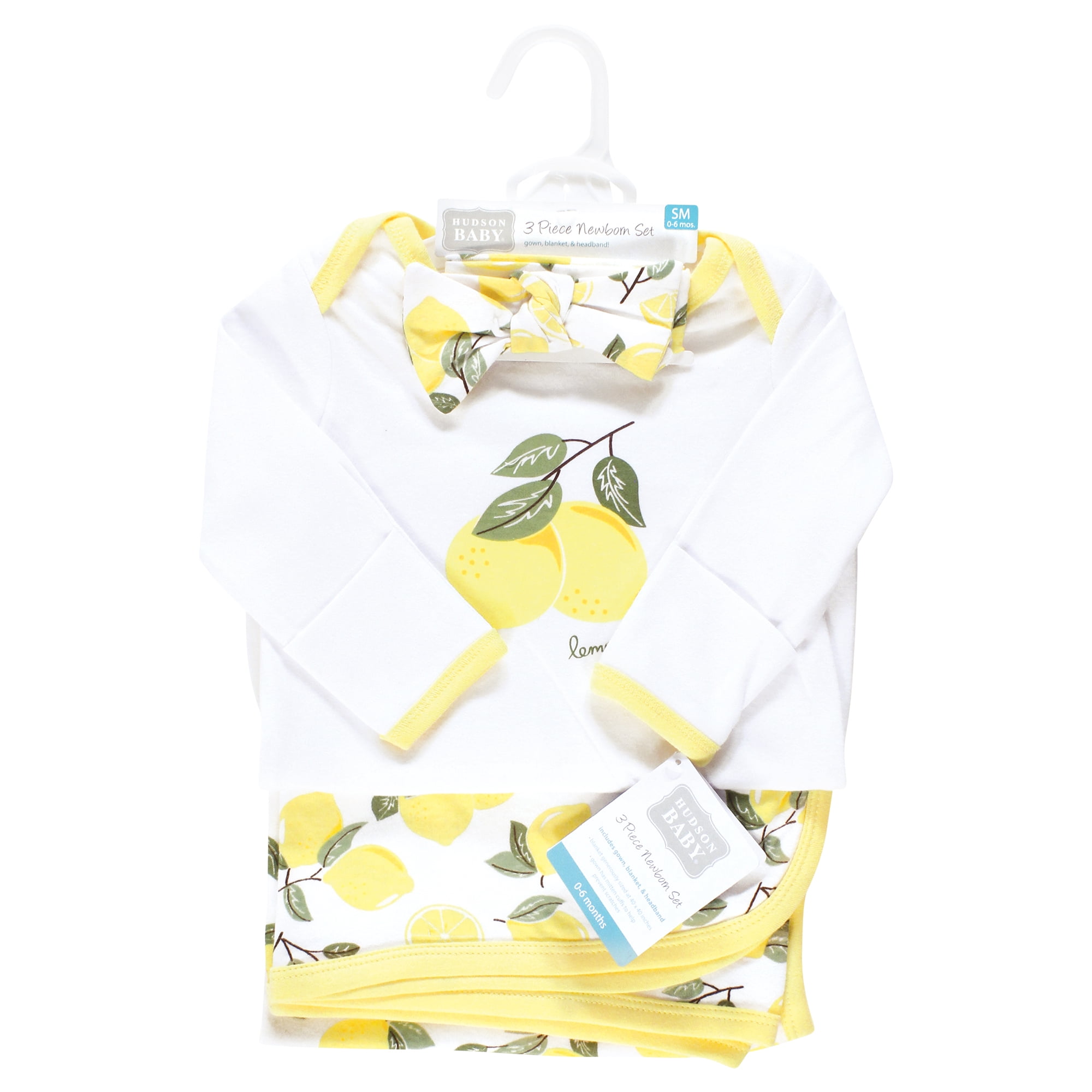 Hudson Baby Infant Girl Gown, Swaddle Blanket and Cap or Headband, Lemons, 0-6 Months