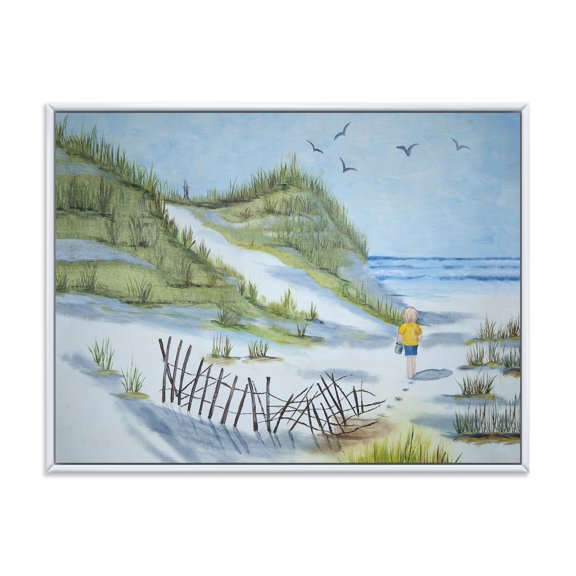 Designart 'Child Walking to The Beach' Nautical & Coastal Framed Canvas Wall Art Print