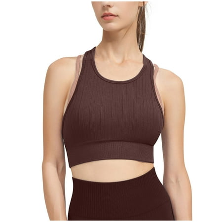 Bigersell Yoga Sports Bra Women T-Back Workout Crop Tank Tops with Built in Bras Solid Wireless Sports Bras Sleeveless Cropped Tank Tops Comfort Soft Pull-On Closure Padded Bra Coffee S