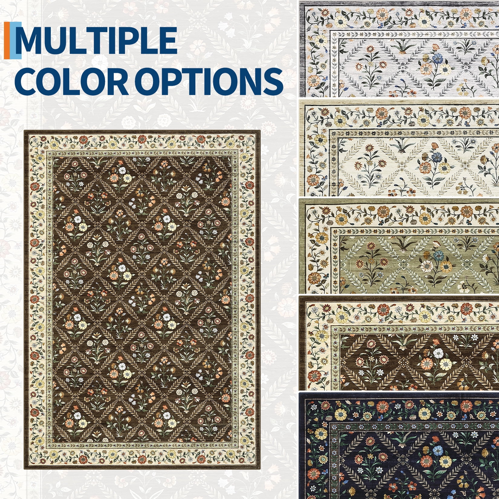 COZONY 9x12 Washable Area Rug, Distressed Vintage Floral, Non-Slip Low Pile Soft Rug for Living Room, Bedroom, Dining Room, Farmhouse Decor, Brown
