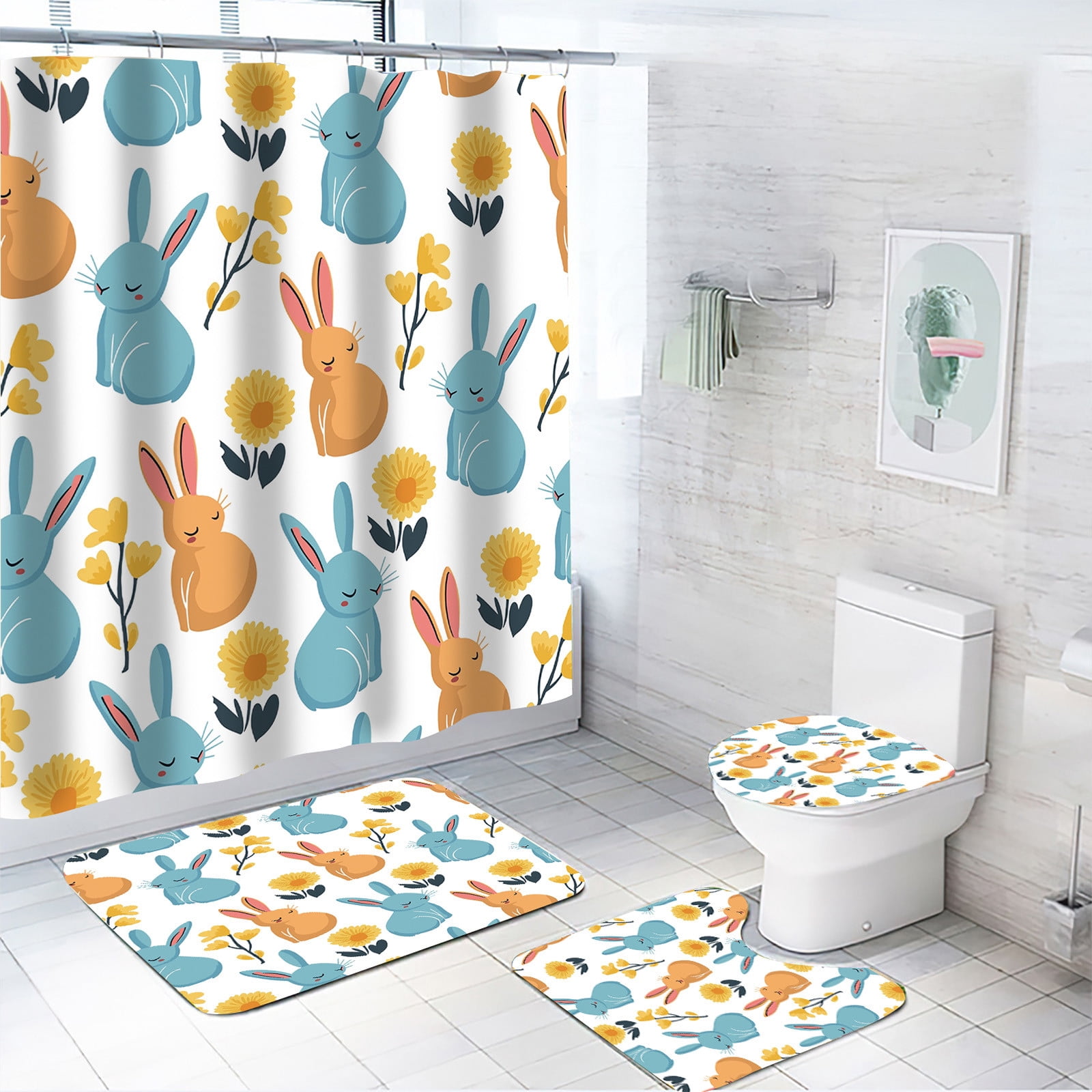 Costeam Easter Shower Curtain Set with Bunny Pattern, Waterproof Bathroom Decor with Holiday Theme for Easter Party Background Decoration