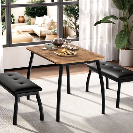Space-Saving 3-Piece Dining Table Set for 4 – Modern Kitchen Set with Wooden Top Sturdy Metal Frame and 2 Upholstered PU Leather Benches for Apartment Bar or Restaurant