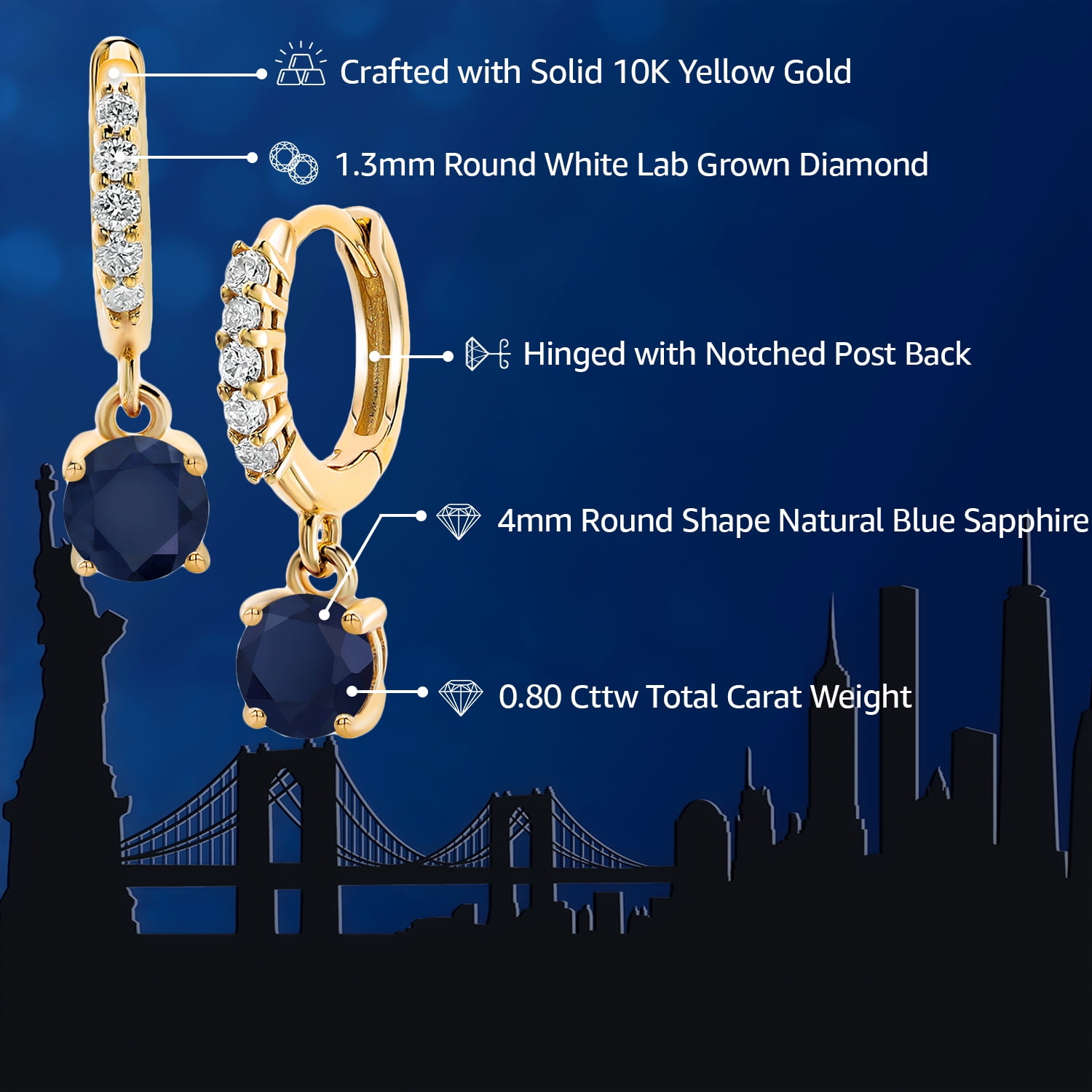 Gem Stone King 10K Yellow Gold Blue Sapphire and White Lab Grown Diamond Dangle Drop Huggie Hoop Earrings for Women (0.80 Cttw, Gemstone September Birthstone, Round 4MM)