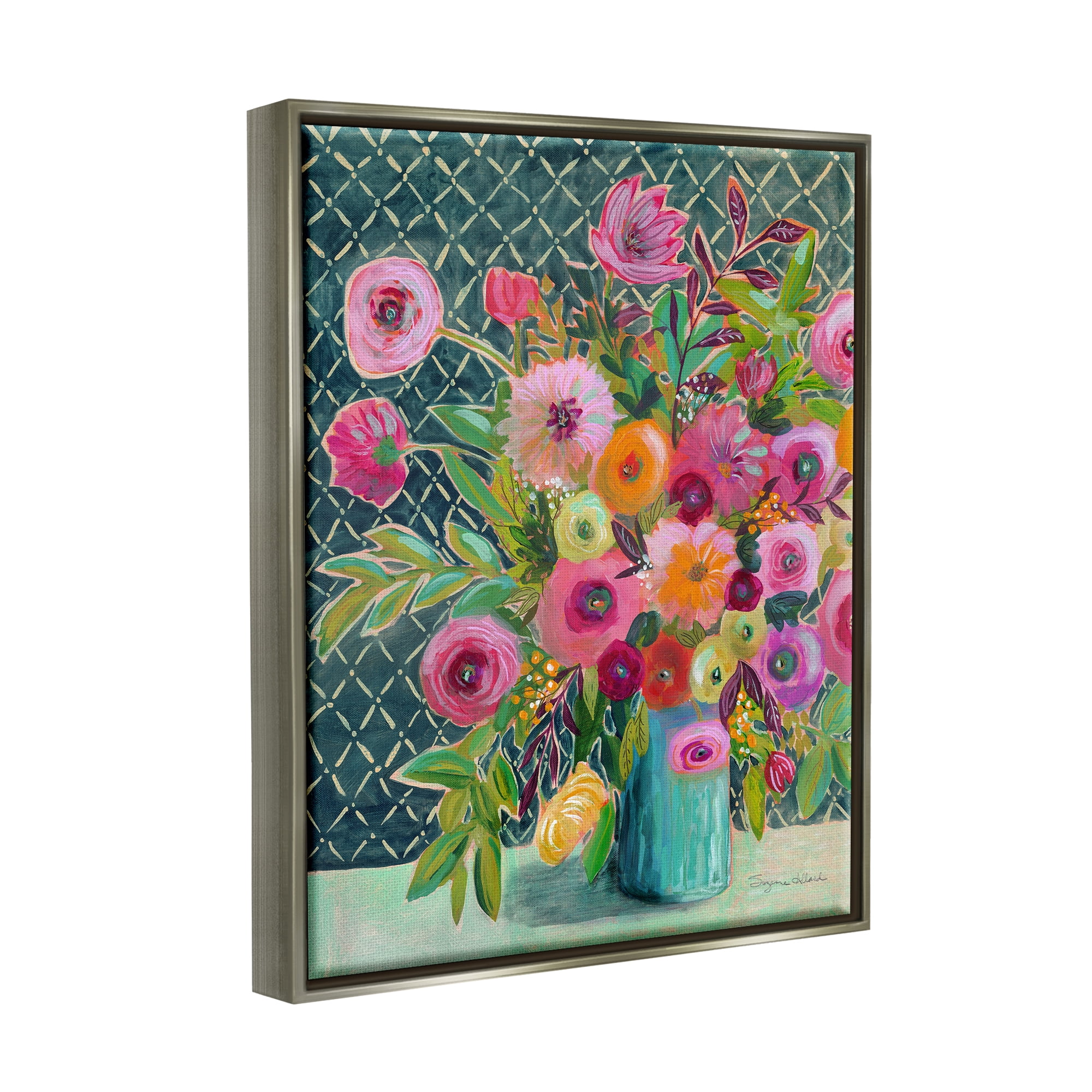 Stupell Industries Patterned Modern Flower Bouquet Botanical & Floral Painting Gray Floater Framed Art Print Wall Art