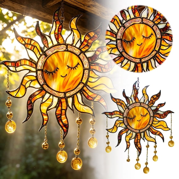 Tong Stained Glass Style Sun Acrylic Happy Face Sun Wind Chime Hanging Window Ornament With Gold Charms Boho Home For Garden Patio Bedroom For Sun Lover