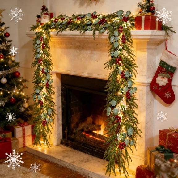6 FT Pre-Lit Christmas Garland with LED Lights, Artificial Pine Greenery with Berry Accents, Flexible Xmas Garland Decoration for Fireplace Mantel, Stair Railing, Doorway, Table and Holiday Home Deco