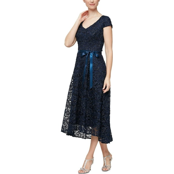 Alex Evenings A-line Stretch Embroidered Dress with Tie Belt, A-line, V-neck, Short Sleeve, Lace, Dress, Women's