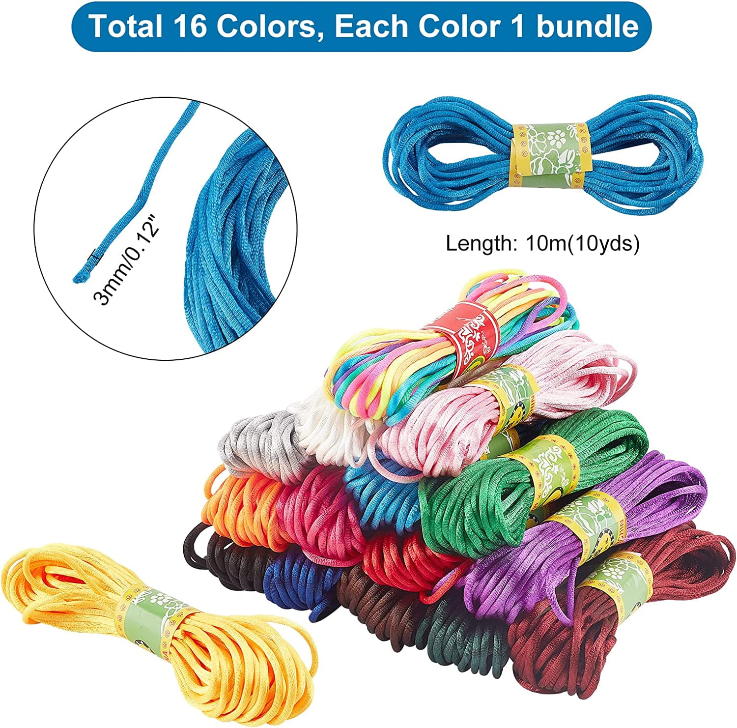 3mm Satin Nylon String 16 Colors Rattail Silk Cord 160 Yards Silk Bracelet String Beading String for Friendship Bracelet Necklace Chinese Knot Macramé Trim Dream Catchers Braid Hair Colorful