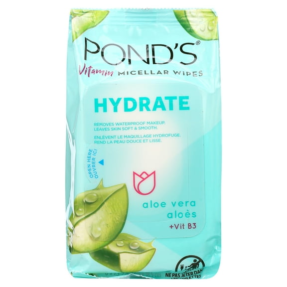 Pond's Vitamin Micellar Wipes For Dry Skin Hydrate Aloe Vera Removes Waterproof Makeup 25 Wipes