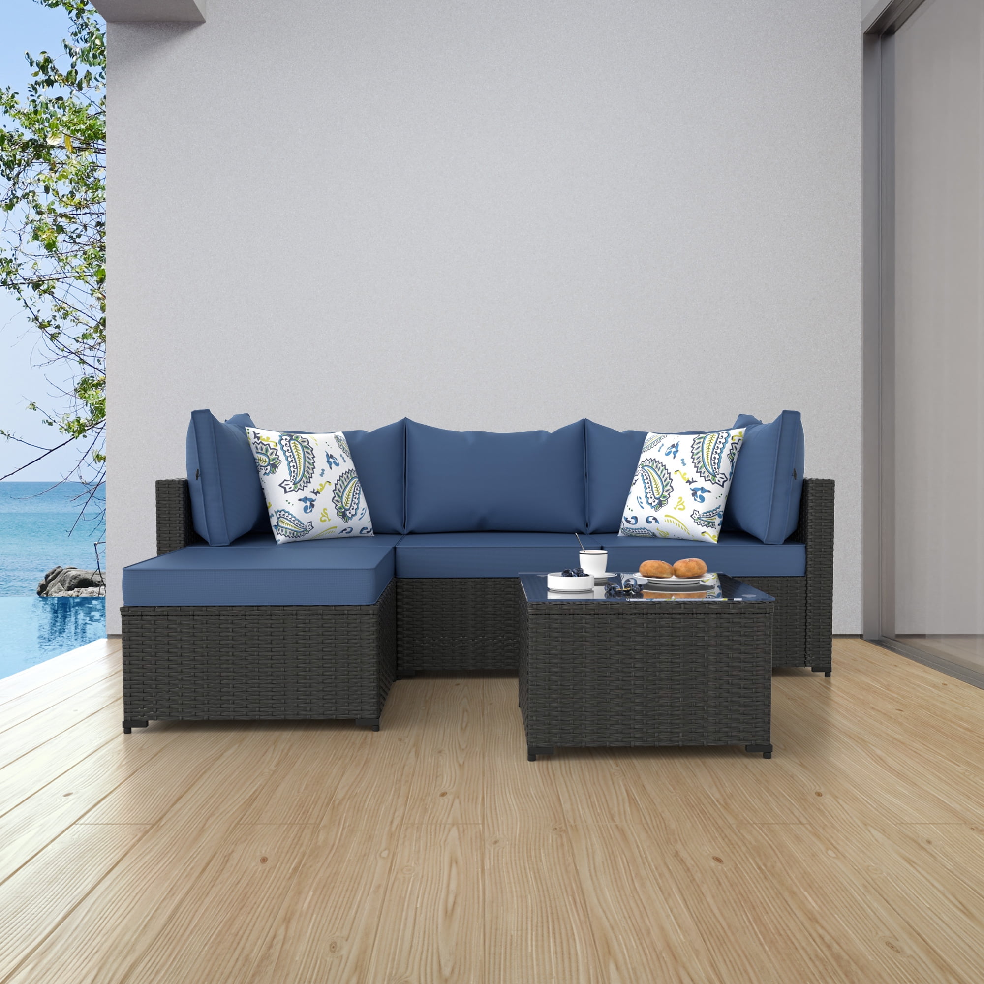 5 Pieces Outdoor Patio Furniture Set Sectional with Ottoman Wicker Rattan Patio Couch,Blue