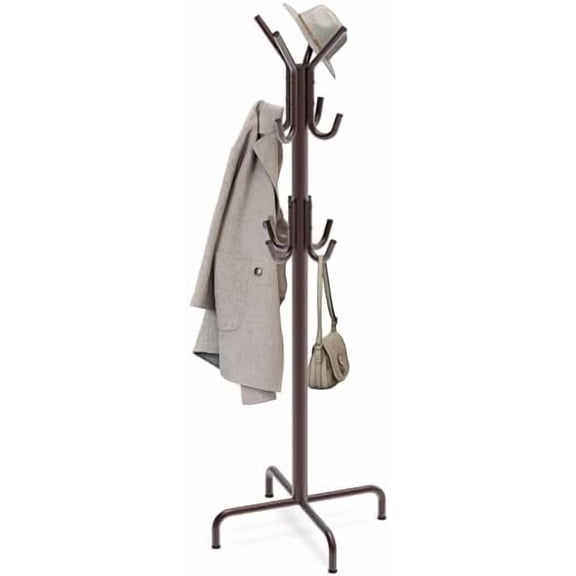 Standing Coat and Hat Hanger Organizer Rack, 12 Hooks, Bronze