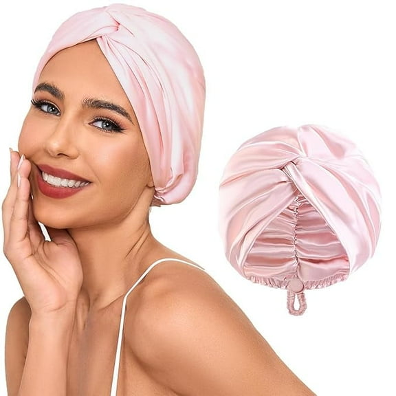 HBlife Adjustable Silk Satin Hair Bonnet for Sleeping Women,Double Layer,Night Turban for Large Long Curly Braid Women Men Hair - Pink