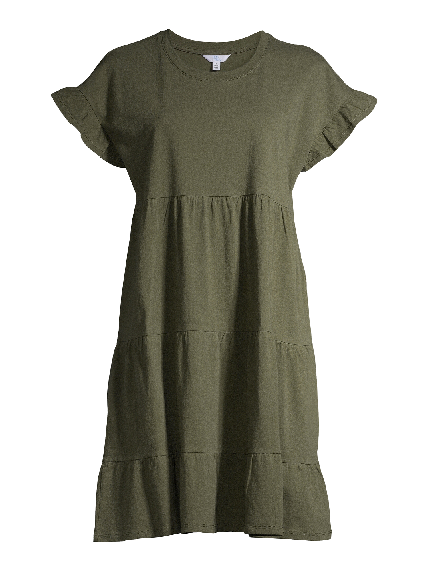 Time and Tru Women's Flutter Sleeve Knee Length Tiered Dress