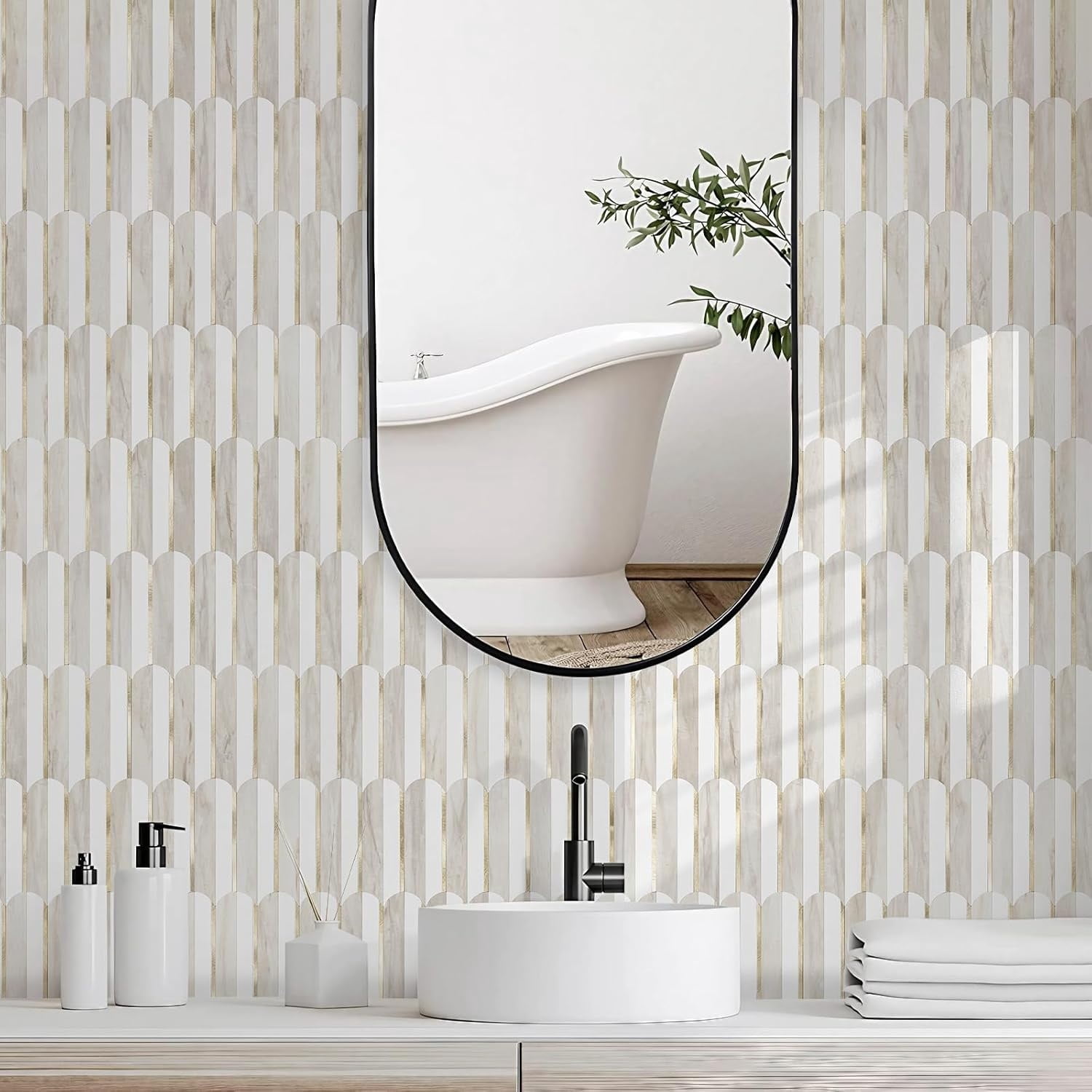 Peel and Stick Backsplash Seamless Tile for Kitchen and Bathroom,White and Glossy Wooden Marble PVC Mixed Light Gold Self Adhesive Fish Scale Metal Mosaic Tiles (10 Sheets)