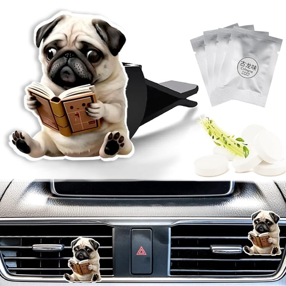 Ambientador para auto Lynzetqy con clip para rejilla, perro pug con 4 almohadillas