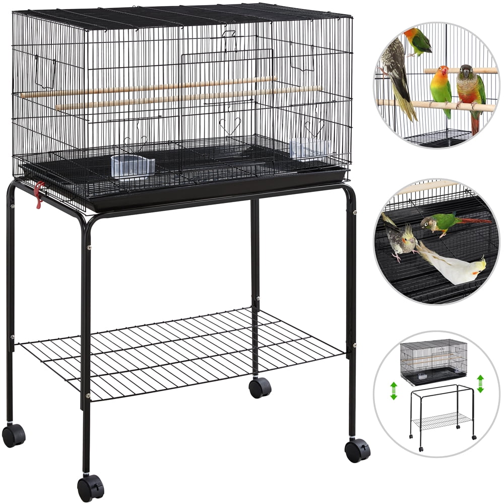 Alden Design 47" Metal Bird Cage with Slide-Out Tray and Rolling Stand, Black