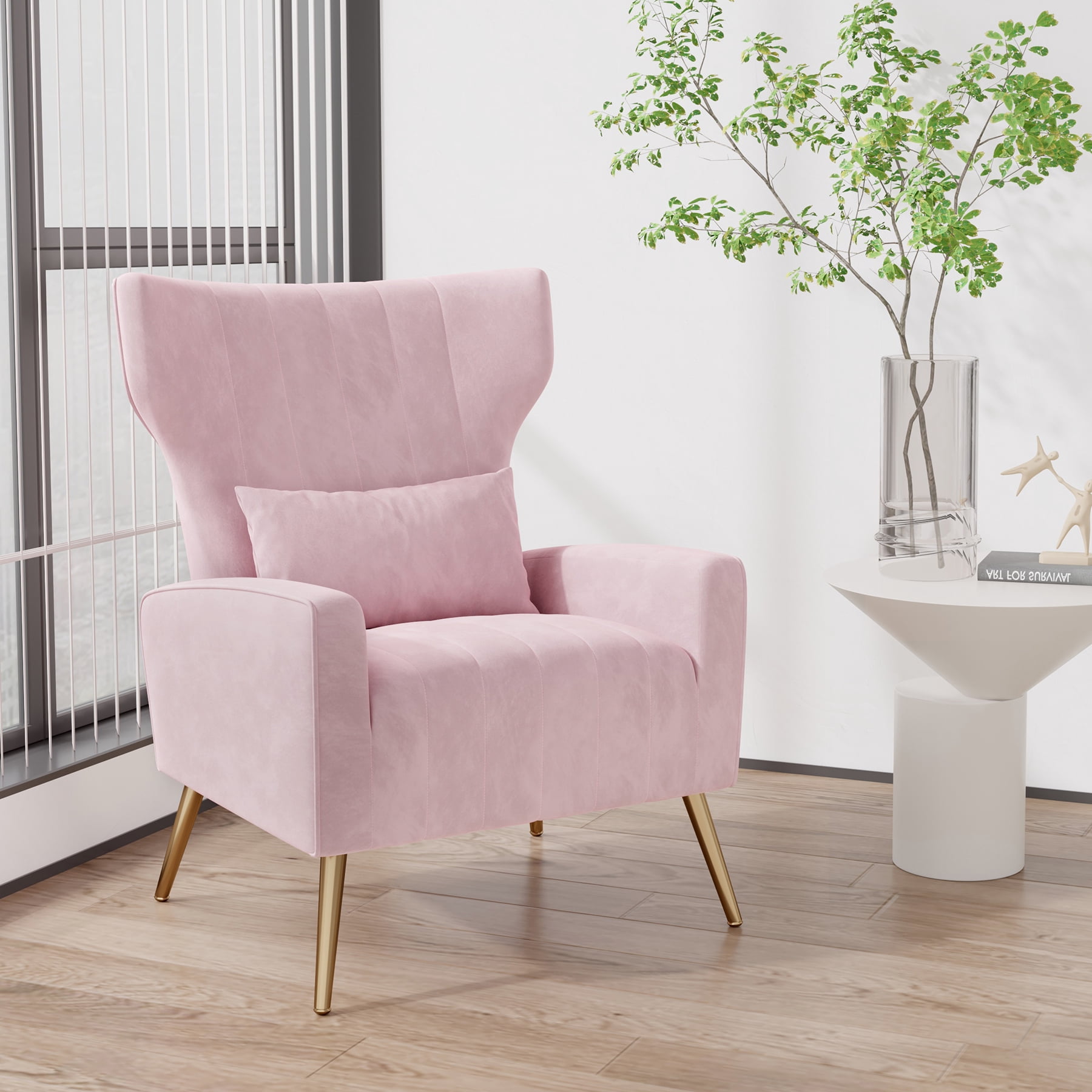 MOONMISS Velvet Accent Chair for Living Room, Modern Arm Chair with Pillow, Single Sofa Lounge Chair for Bedroom & Reading Room,Pink
