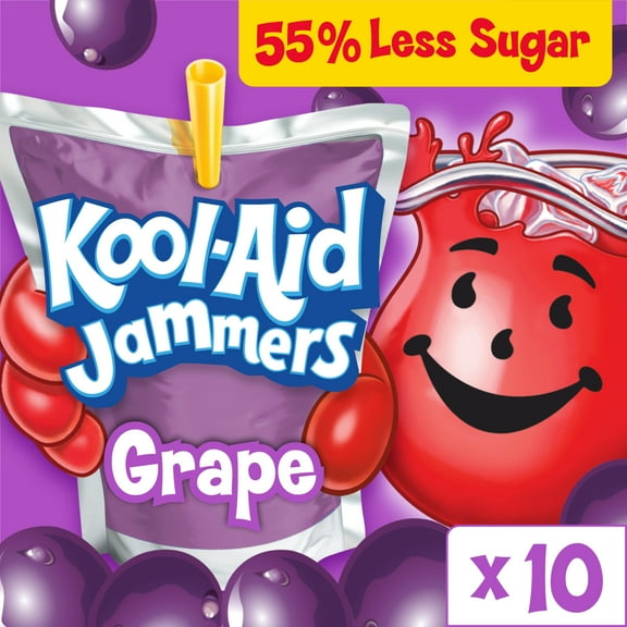 Kool-Aid Jammers Artificially Flavored Drink, 10 Pouches, for School Lunches and On-the-Go Hydration, Grape Flavor, Excellent Source of Vitamin C, 6 fl oz