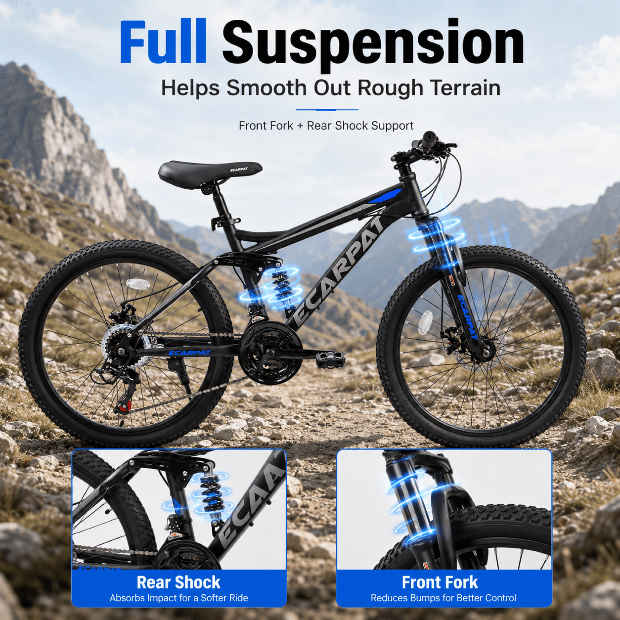 FUPOJH 26" Full Suspension Mountain Bike,21-Speed,Disc Brakes,250lb,Adult Unisex All-Terrain Bike,Black