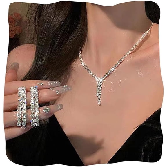 Rhinestone Bridal Wedding Necklace and Earrings Set Crystal Silver Dressy Prom Jewelry Set for Women