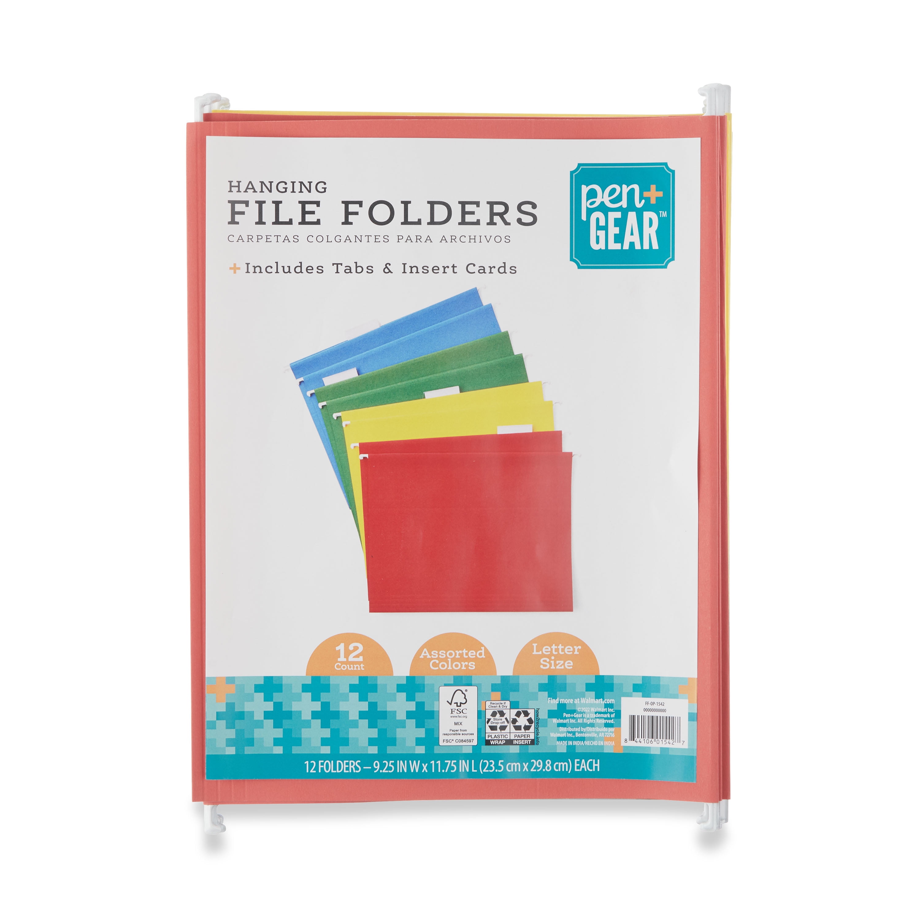 Pen+Gear Hanging File Folders with Tabs and Insert Cards, Assorted Colors, 12 Count, Letter Size