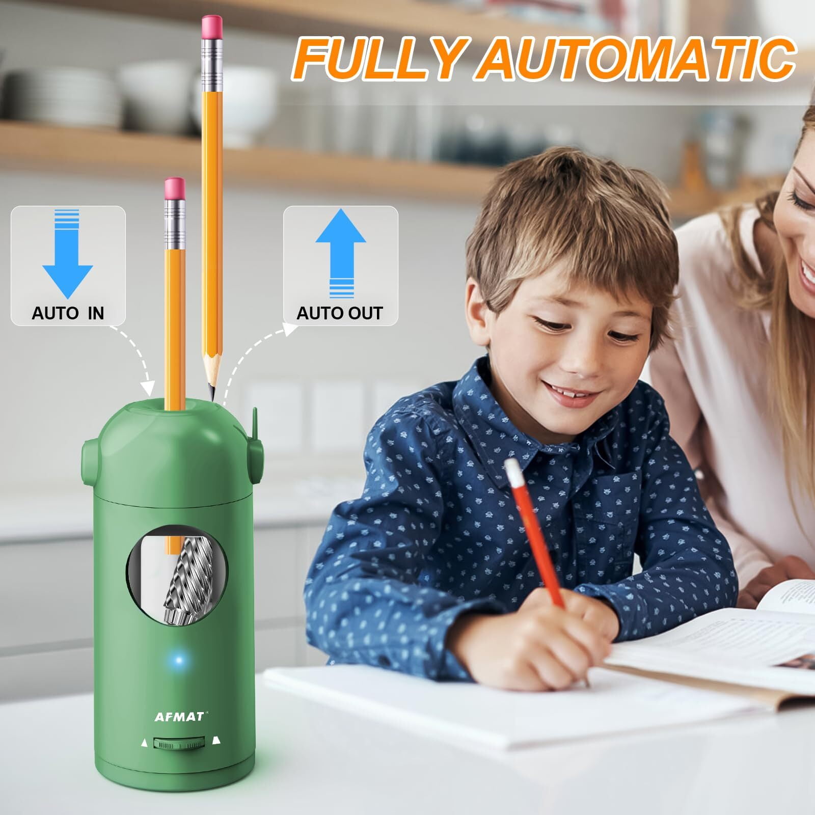 AFMAT Electric Pencil Sharpener, Fully Automatic Pencil Sharpener for Colored Pencils 7-11.5mm, Auto in & Out, Rechargeable Hands-Free Pencil Sharpener for Large Pencils, Green